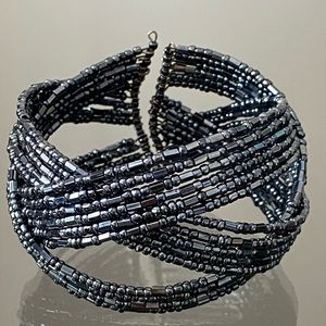 Silver Metallic Beaded Wrap Cuff Bracelet